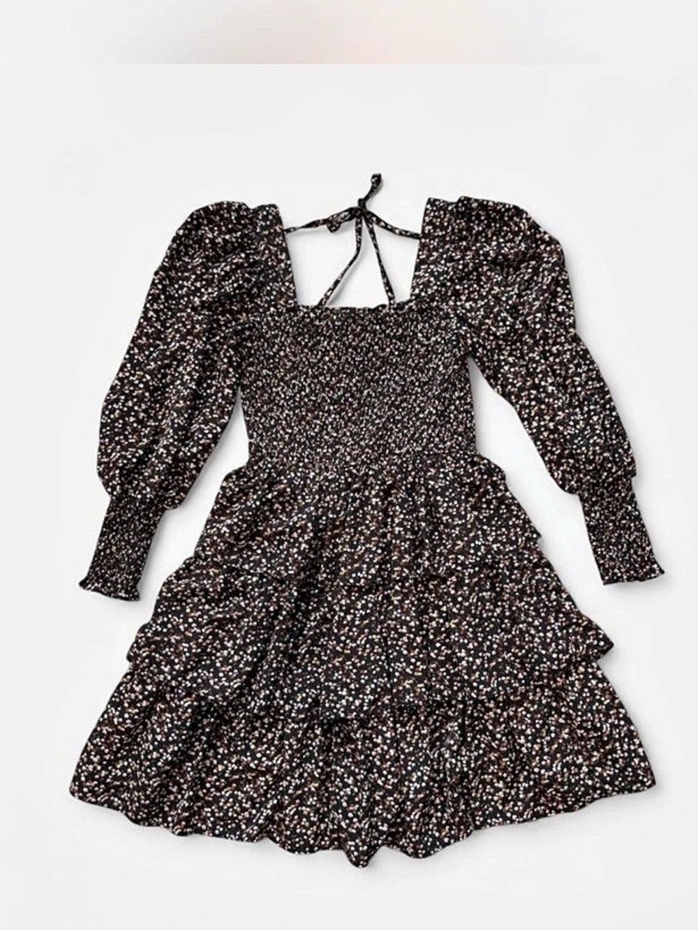 Byinns Black Ditsy Floral Smocked Tie-Back Mini Tiered Ruffle Dress Medium